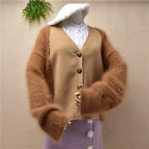 Ladies women short style v-neck thick warm fall winter mink cashmere cardigans angora rabbit fur knitted jacket coat sweater top