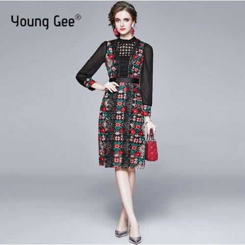 Young Gee Spring Autumn O-Neck Long Sleeve Women Hollow Out Lace Black Dress High-quality Embroidered Floral Knee Length Dresses