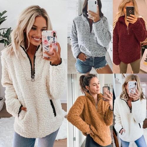 2021 New Arrival Women 's Top Plush Coat Turn- Down Collar Streetwear Lapel Zip Autumn Winter Pocket Long Sleeve