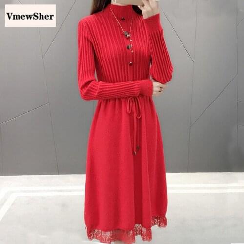 VmewSher Elegant Solid Lace Knitted Women Sweater Dress Fashion Half Turtleneck Dress 2020 Autumn New Female Long Sweater Dress