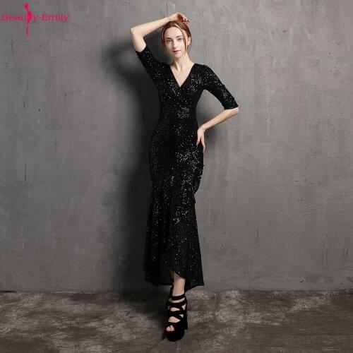 Romantic V Neck Luxurious Sequined Mermaid Evening Gown for Women 2021 Fashion Half Sleeve Ankle Length Formal Party Dresses