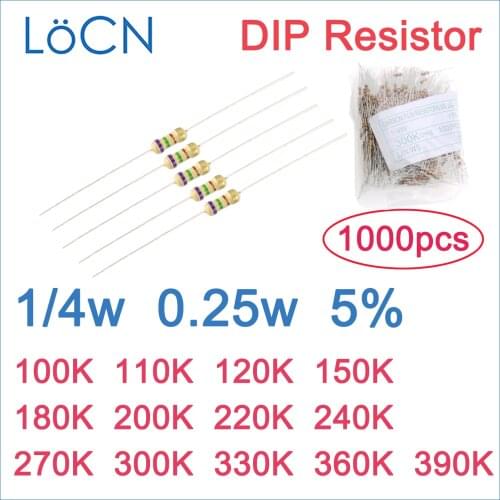 1000pcs 5% 1/4W Carbon Film Resistor DIP 100K 110K 120K 150K 180K 200K 220K 240K 270K 300K 330K 360K 390K OHM Color ring 0.25w