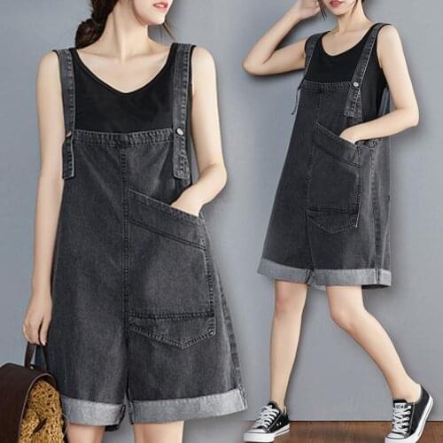 2021 New Summer Korean Preppy Style Jumpsuit Denim Overalls Pocket Casual Girls Black Jeans Shorts Womens Korean Preppy Style