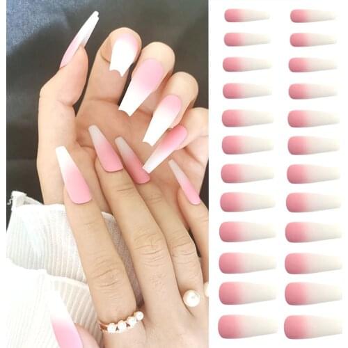 24Pcs/Box DIY Matte Gradient Pink Full Cover False Nail Tips Manicure Ballerina Fake Nails French Nail Art