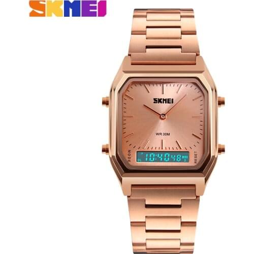 SKMEI Dual Time Sports Watches Men Fashion Casual Quartz Wristwatches Stainless Steel Strap Chronograph Waterproof Male Clock