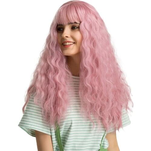 22" Long Wavy Wig With Neat Bangs Silky Full Heat Resistant Synthetic Wig for Women Girls- Natural Looking Body Wavy Wigs