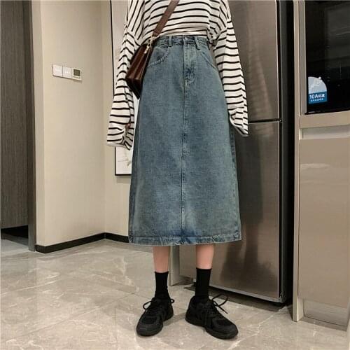Denim Skirt Women Fashion 2021 Summer New High Waist Korean Split Mid-Length A-Line Skirt Blue Jeans Vintage Harajuku Plus Size