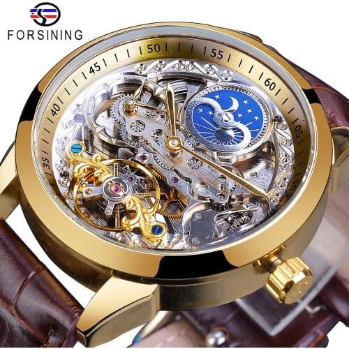 Forsining Automatic Mechanical Mens Watches Man Golden Clock Genuine Leather Strap Casual Waterproof Moon Phase Erkek Kol Saati