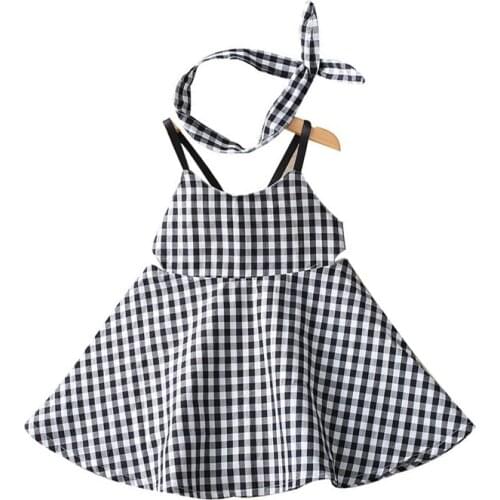 Baby Girls Cotton Check Camisole Dress Children Tops princess Clothes New Kids Summer Beach Dresses Headband 2pcs