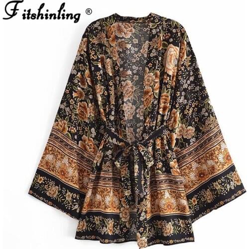 Fitshinling Cotton Vintage Kimono Women Vintage Beach Cover Up Print Floral Slim Cardigan With Sashes Flare Sleeve Boho Blouse