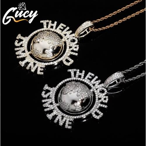 GUCY Globe And Letter Pendant Charm Necklace Gold Silver Color Iced Out CZ Chain Men Hip Hop Jewelry Gift