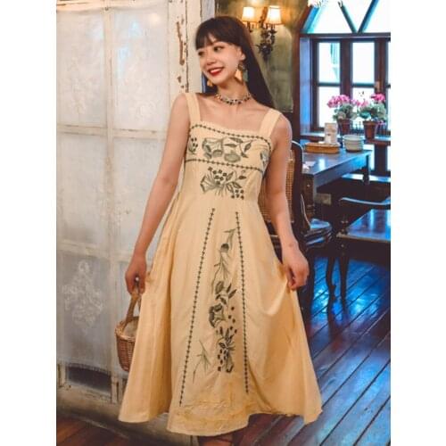 Summer New Womens Clothing Ins Net Red Bohemian Travel Vacation Beach Wind Sling Dress Ethnic Style Retro Embroidered Dress