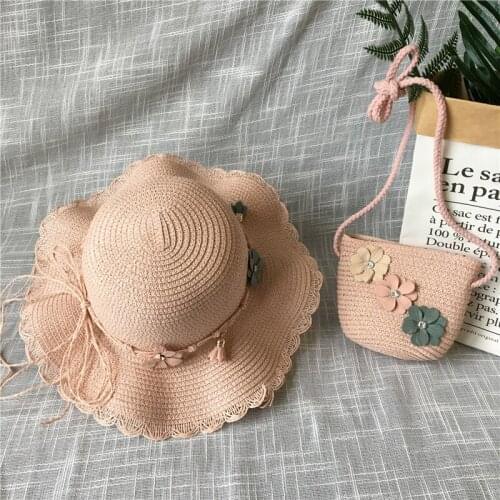 Girls Summer Straw Woven Beach Sun Hats Children Cute Star Flower Bucket Cap With Mini Portable Handbag For Kids