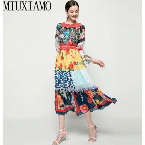 MIUXIMAO 2021 Runway Bohemian Spring Summer New Long Sleeve Elastic Flower Print Fashion Beach Vintage Elegant Midi Dress