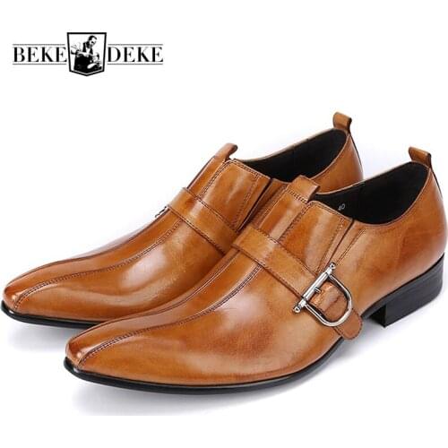 Classic Pointed Toe Block Low Heel Mens Business Formal Shoes Slip On Loafers Buckle Genuine Leather Dress Shoes Prom Oxfords
