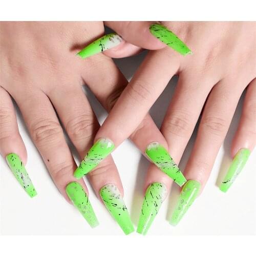 Manicure Kit 24PCS Set Ballerina Nail Jelly Gel Full Cover Acrylic Coffin Long Fake Press On Nails With Designs Green Fingernail
