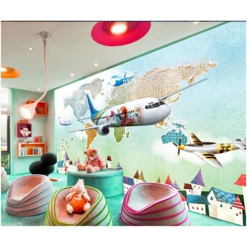 Custom mural 3d wall mural on the wall Watercolor airplane world map childrens room home decor photo wallpaper for walls 3 d