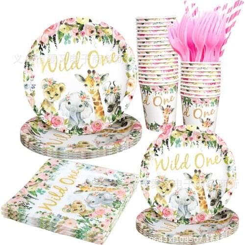 Pink Wild ONE Birthday Jungle Party Disposable Tableware Forest Animal Party Balloons Baby Shower Girl 1st Birthday Party Decor