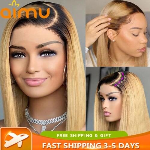 Ombre Honey Blonde Straight Short Bob 4x4 Lace Frontal Wig Pre Plucked HD Transparent Lace Human Hair Wigs Women Bleached Knots