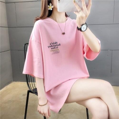 Girls Cotton T-shirt Dress Spring Summer Females Mid Long Pattern Short Sleeve Loose Letter Printing T Shirt Young Student Top
