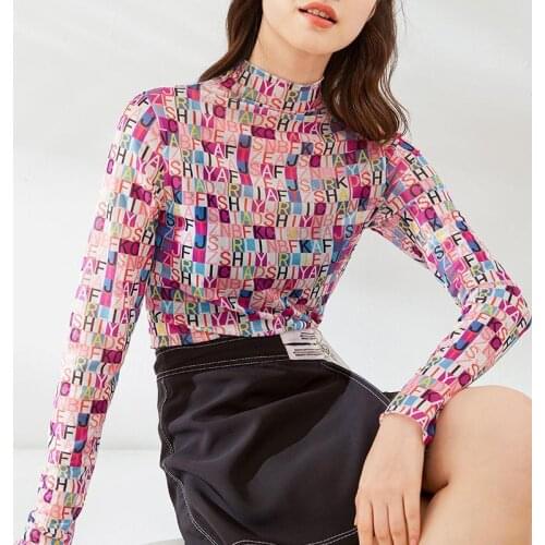 Casual Women T-shirt Summer Mesh Tops Fashion Streetwear Tee Tops Long Sleeve Letter Printed Shirts Womens Clothing