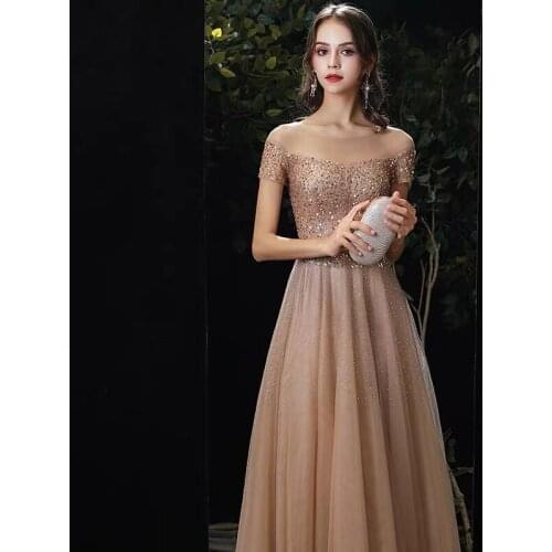 Luxury Champagne Long Evening Dress 2021 Lace Sequin Beaded Sheer Neck A-line Prom Dress Short Sleeves Wedding Party Guest Gowns