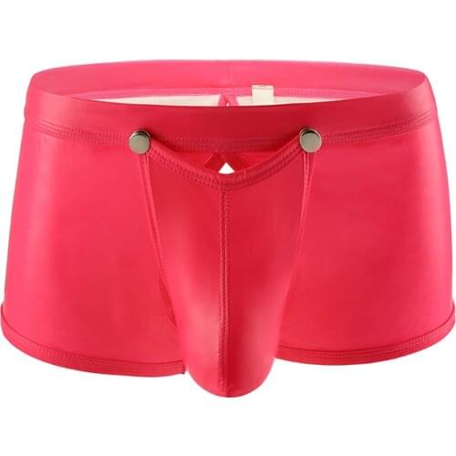 Sexy Faux leather Boxer For Male Hollow Out Big Pouch Lingerie Front Button Open Underwear Big pouch Backless Underpants