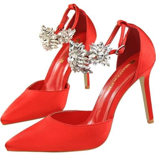 European and American style stiletto heels, silk and satin, hollow, shallow toe, rhinestone sandal with one word for women
