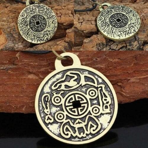 Vintage Amulet Necklace Bronze Copper Coin Shape Full of Mystery Retro Rune Simple Pendant Necklace Long Amulet Jewelry Pendant