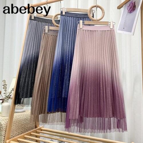 High Waist Mesh Tulle Skirt 2021 Fashion Women Clothing Glitter Gradient Pleated Skirt Midi Long Skirts Womens Summer