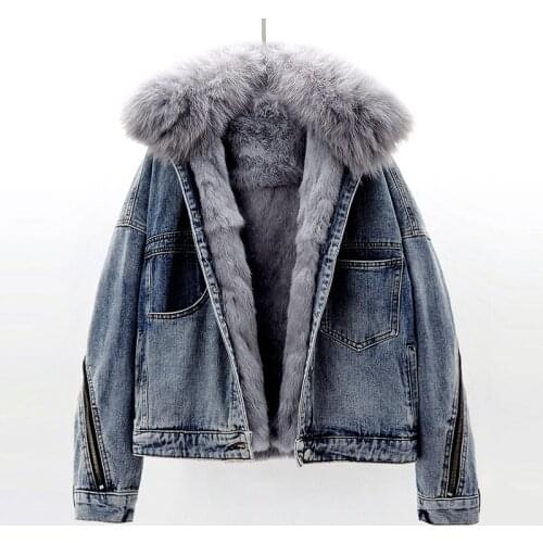 Removable Fox Fur Denim Women Coats Winter New Solid Thicken Warm Wool Liner Zipper Fashion Design Female Outwear Jackets Tops