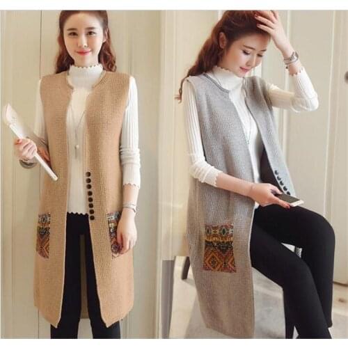 Woman Long Knitted Sweater Vest Female Knitting Solid Waistcoat Coat Ladies 2021 New Autumn Winter Loose Sleeveless Jackets Q275