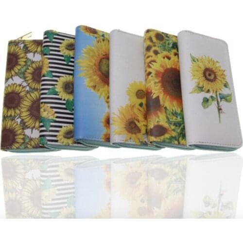 New Fashion PU Leather Sunflower Wallet Women Floral Print Long Wallet Card Holder High Quality Zipper Clutch Purse