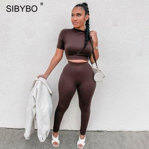 Sibybo Solid Casual Sport Tracksuit Women Matching Sets Spring Two Piece Crop Top And Legging Pants Set Femme Black Fitness Suit