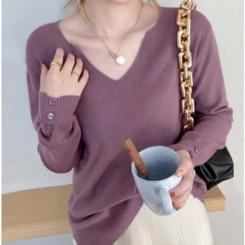 2021 New Korean Style Purple Sweater Women Fashion V-neck Pullovers Dropshipping Fall Clothes Autumn Warm Knitted Blouse Jumper