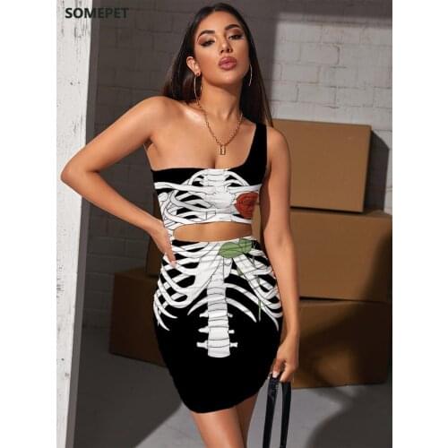 SOMEPET Brand Skeleton Dress Women Flower Pleating Art 3d Print Hip Hop Bodycon Dress Womens Clothing Party Beach Beach Fashion