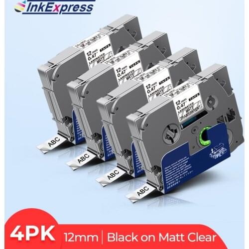 InkExpress 4pcs laminated tze m31 tzm31 tzem31 12mm Black on Matt Clear tape tze-m31 labels for brother p touch label maker