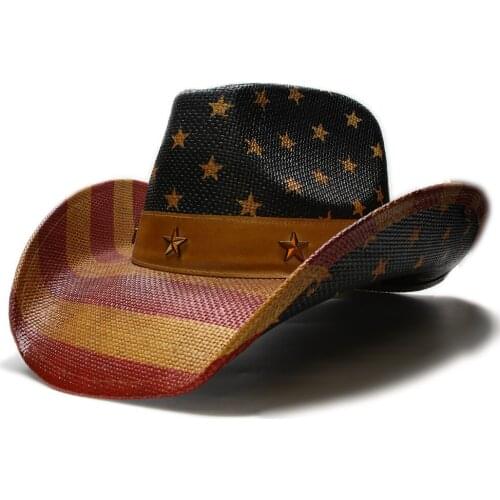 A181 Adult Sun Hats America National Flag Independence Day Caps Stripes West Cowboy Sun Hats Paint Spraying Hard Straw Adjust
