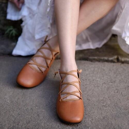 Artmu Original 2020 Spring New Womens Shoes Flat Sole Genuine Leather Cross-tied Shallow Top Handmade Shoes Retro Soft Flats