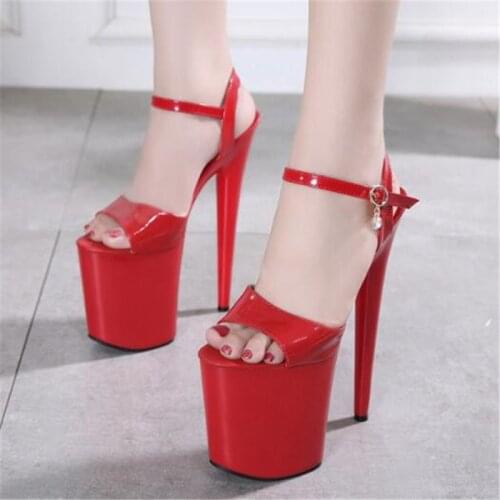 Hot Sales Summer Style Sexy Women Sandals Patent Leather Buckle 20CM Thin High Heels Open Toed waterproof platform shoes woman