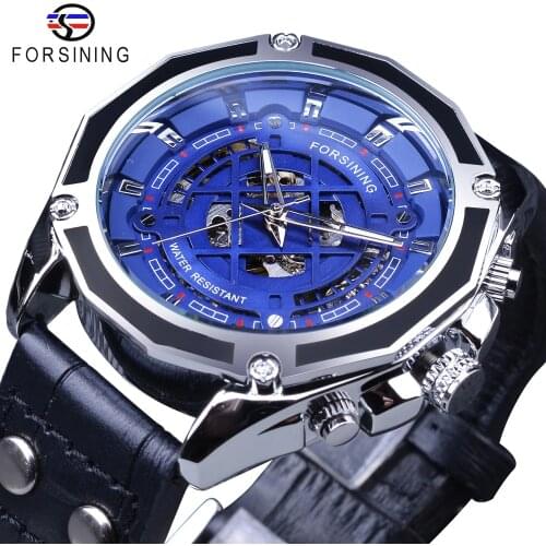 Forsining Mens Fashion Design 2019 Blue Ocean 3D Skeleton Design Genuine Leather Belt Men Watch Top Automatic Wrist Watch Clock