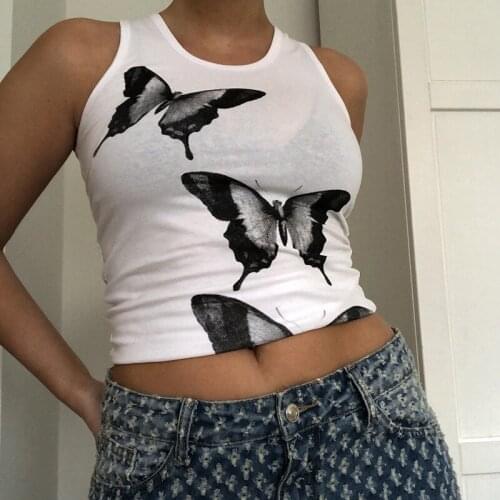 Butterfly Print T-shirt 2021 Summer Sleeveless Tshirt Women Sexy Short Tops Tees Fashion Slim Fit T Shirts Female