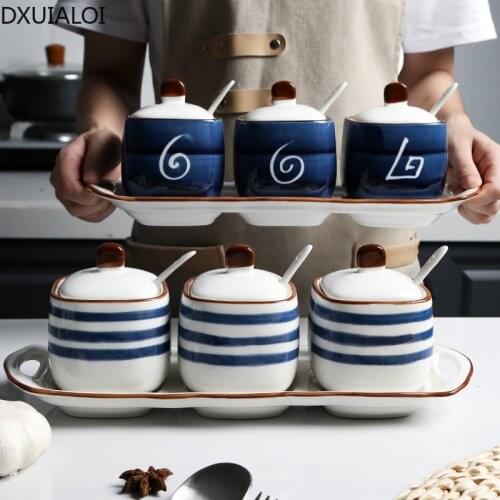 DXUIALOI Japanese-style hand-painted ceramic seasoning jar three-piece household condiment bottle salt sugar bowl condiment box