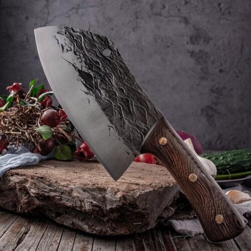 Forged Slicing Kitchen Knife Household Butcher Knife Full Tang Multi-Purpose Hammered Wooden Handle For Meat Cutting Sharp Knife