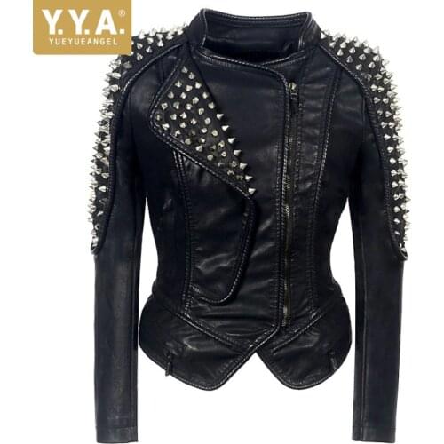 Punk Rivet Faux Leather PU Jacket Women Fashion Winter Motorcycle Jacket Black Faux Leather Coat Outerwear Bomber Warm Plus Size