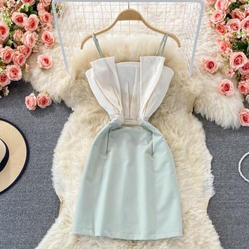 Summer Dress Women Sexy Strappy Camisole Pleated Mini Dresses Female Ladies V Neck Party French Romantic Sundress Dress Ladies