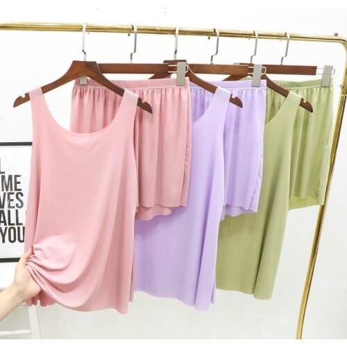 M-XXL Women Pajamas Two Piece Set Summer Solid color Elastic Sleepwear Homewear Sexy Lingerie Tank Top Shorts Nightwear