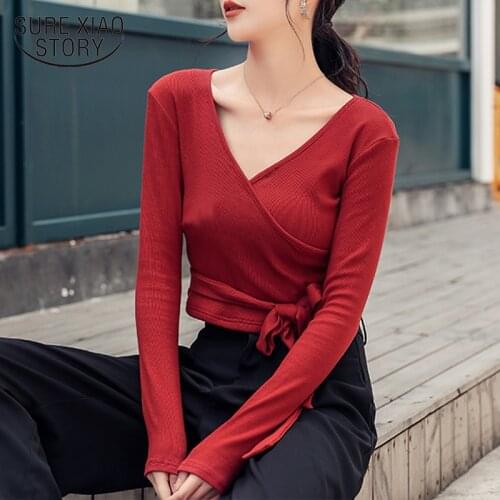 Fashion 2021 New Slim Spring Long Sleeve Women Tops and Blouses Solid V-neck Red Bow Bottom Women Shirts Black Tight 8204 50