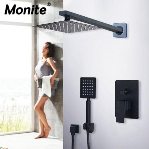 Monite Ultra-thin LED Shower Faucet Black Matte 8 10 12 Inch Wall Mounted Bathroom Rainfall Matte Black Head Hand Shower Set
