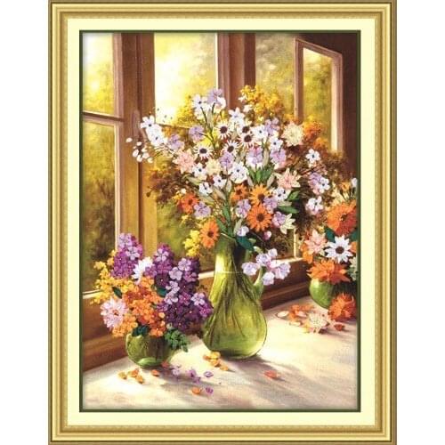 3D flower vase Ribbon embroidery oil painting set floral kits handcraft cross-stitch DIY handmade needlework wall art decor